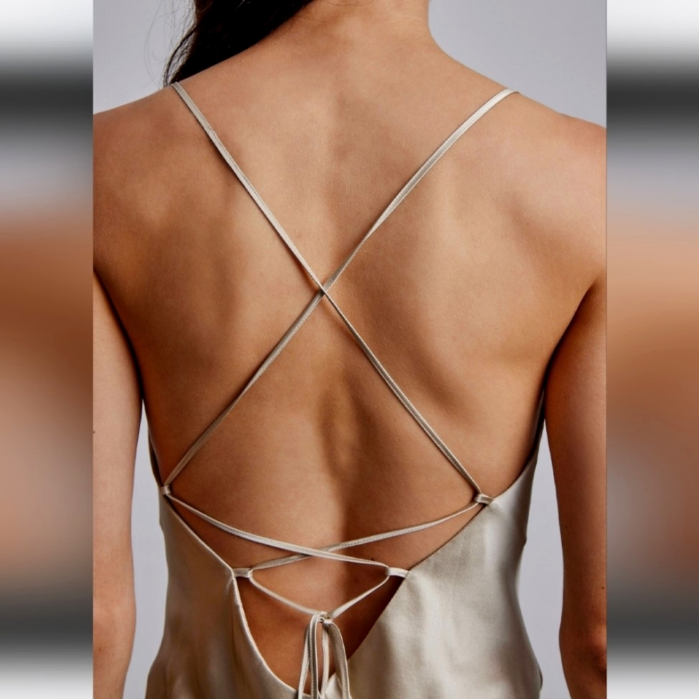 Lounge Cowl Neck Mini Silk Slip Dress (Beige) - Silk Maison - Picture 5 of 15